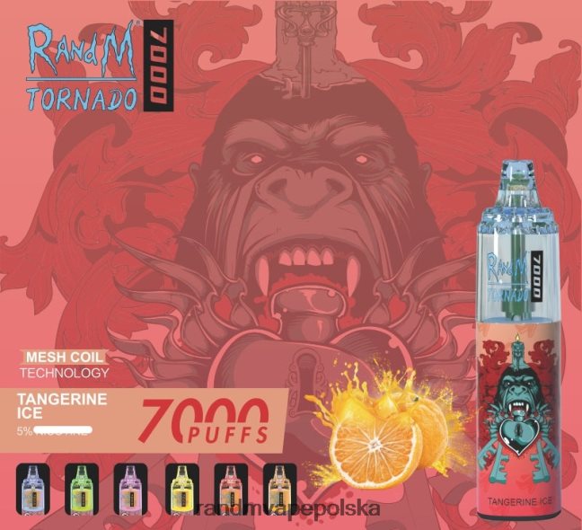 RandM Tornado 7000 urządzenie do waporyzacji z kontrolą przepływu powietrza 1 szt 624VFR166 lód mandarynkowy - RandM Disposable Vape