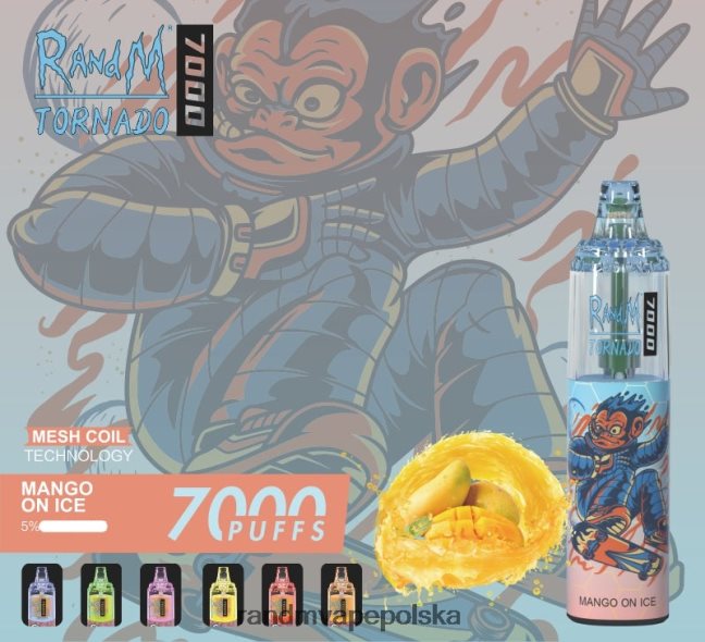 RandM Tornado 7000 urządzenie do waporyzacji z kontrolą przepływu powietrza 1 szt 624VFR170 mango na lodzie - RandM Tornado Smaki